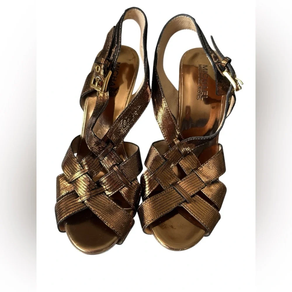 Michael Kors Niki‎ Crossstrap Stiletto Heels – Antique Brass Gold, Size 6.5
